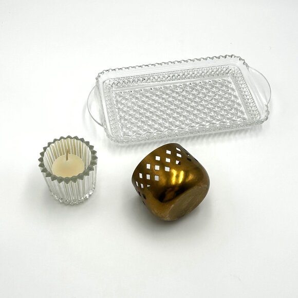 Sparkling Glass Cut Tray & Brass Candleholder W Glass Tulip Insert | 3 PIECE SET - Picture 5 of 14